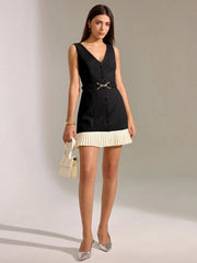 Contrast Pleated Hem Sleeveless Belted Mini Dress