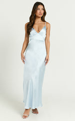 Lorenzia Maxi Dress - Plunge Corset Underbust Detail Satin Dress in Light Blue