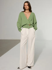 Metal Decor Waisted Knitted Wrap Cardigan