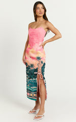 Amalie The Label - Leesha Strapless Fitted Split Leg Midi Dress in Island Sunset Print