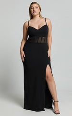 Carmen Midi Dress - Sheer Corset Panel High Split Dress in Black