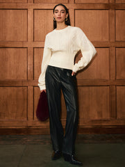 Cinched Waist Cable-Knit Wool-Blend Sweater