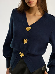 Heart Metal Button V-Neck Cardigan