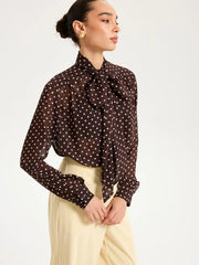 Semi-Sheer Polka Dot Chiffon Bow Blouse