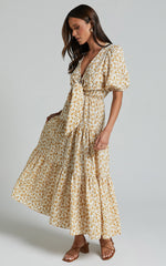 Alena Midi Dress - Short Puff Sleeve Tie Front Tiered Dress in Golden Floral