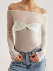 Semi-Sheer Off-Shoulder Mesh Long Sleeve Shirt