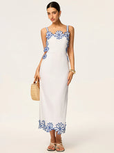 Semi-Sheer Floral Embroidery Back Bow Maxi Dress