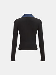 Contrast Collar Metal Button Ribbed Knit T-Shirt