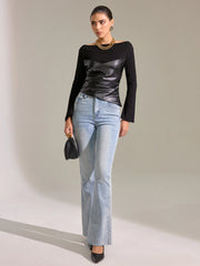 Flared Sleeve Faux Leather Panel Knit Top