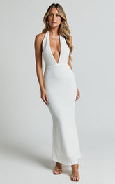 Ada Maxi Dress - Halter Plunge Textured Jersey Open Back Dress in White
