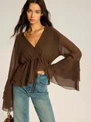 Semi-Sheer Chiffon Tiered Flared Sleeve Shirt