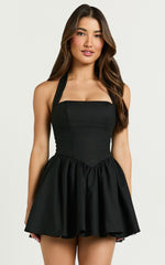 Helda Mini Dress - Halter Tie Neck Corset Panel Dress in Black