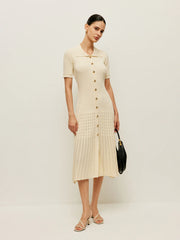 Knit Hollow Buttoned Polo Dress