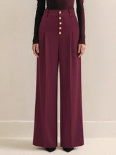 High-Waist Metal Button Pleated Wide-Leg Pants