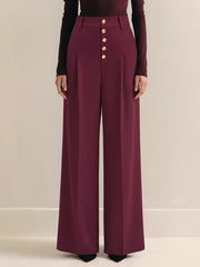 High-Waist Metal Button Pleated Wide-Leg Pants