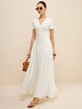 Button-Placket V-Neck Maxi Dress