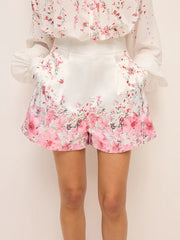 Floral Print Pleated Shorts Set Without Belt