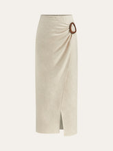 Linen Blend Wrap Midi Skirt with Wooden Buckle