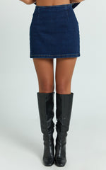 Paige Mini Skirt - High Waisted Denim Skirt in Dark Blue Wash
