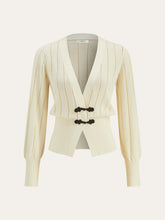 Eyelet-Striped Waist-Cinched Knit Cardigan