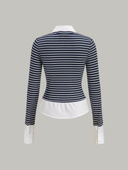 2 in 1 Striped Ribbed Paneled Long-Sleeve Blouse