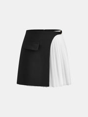 Color-Block Pleated Decor Pocket Mini Skirt