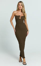 Alberta Maxi Dress- Strapless bust detail textured dress in Chocolate
