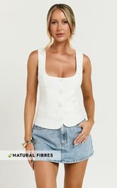 Nalfie Top - Linen Wide Scoop Neck Fitted Vest Top in White