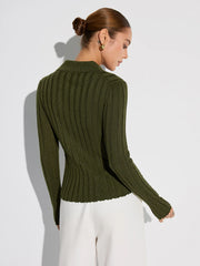 Collared Textured Button Wool Blend Sweater