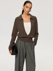 2 in 1 Color-Block Wool Blend Polo Collar Sweater