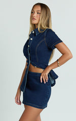 Paige Mini Skirt - High Waisted Denim Skirt in Dark Blue Wash