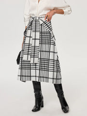 Plaid Wool Blend Midi Skirt with Apron Belt
