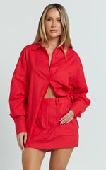 Anziel Top - Oversized Long Sleeve Linen Blend Shirt in Red