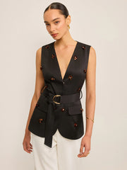 Belted Vest with 3D Sequin Flower Embellishments
