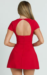 Yuna Mini Dress - Cap Sleeve Open Back Fit And Flare Tulip Dress in Red