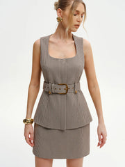 Belted Houndstooth Square-Neck Vest