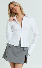 Katherine Top - Collared Plunge Flared Sleeve Top in White