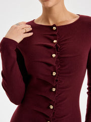 Elegant Long Sleeve Wide Neck Button Front Knit Dress