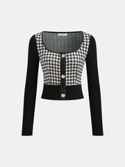 Houndstooth Paneled Cropped Knit Blouse