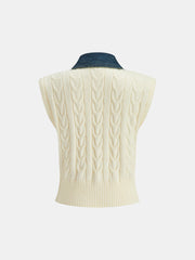 Denim Paneled Cable Knit Sleeveless Vest