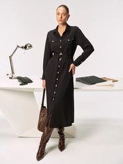 Metal Button-Front Belted Shirt Dress