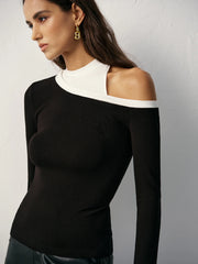 Color Block Asymmetric Cut-Out Long Sleeve T-Shirt