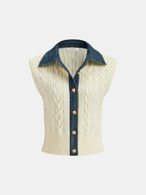 Denim Paneled Cable Knit Sleeveless Vest