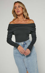 Ermalen Bodysuit - Folded Off Shoulder Long Sleeve Bodysuit in Black