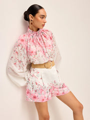 Floral Print Pleated Shorts Set Without Belt