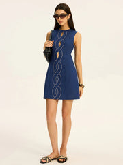 Linen & Cotton Cut-Out Contrast-Stitch Mini Dress