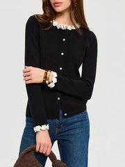3D Floral Trim Pearl Button Cardigan