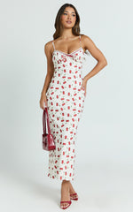 Bailey Midi Dress - Recycled Cherry Print Lace Trim Bias Cut Slip Dress in Blushing Cherries Print