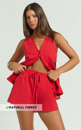Devon Two Piece Set - Open Side Detail Top & Short Linen Look Set in Red