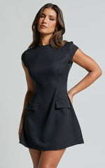 Wyatt Mini Dress - Short Sleeve Corset A Line Dress in Black